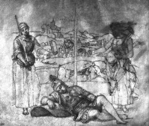 Müder Krieger und zwei Frauen vor einer Landschaft
