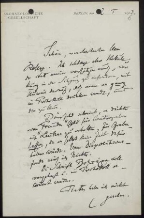 Nr. 6: Brief von Alexander Conzw an Ulrich von Wilamowitz-Moellendorff, Berlin, 2.1.1903