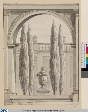 Kassel: Entwurf für eine Wanddekoration: Blick durch einen Architekturrahmen in die Karlsaue mit Vase auf Postament von vier Bäumen gesäumt