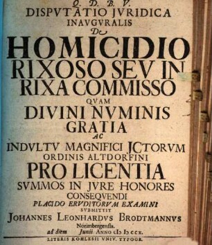 Dispvtatio Jvridica Inavgvralis De Homicidio Rixoso Sev In Rixa Commisso