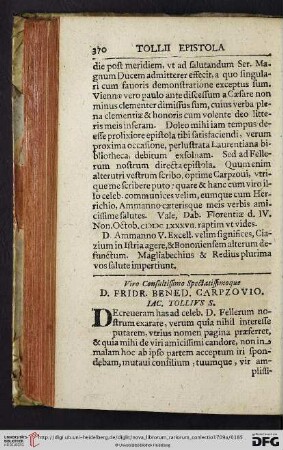 Viro Consultissimo Spectatissimoque D. Fridr. Bened. Carpzovio. Lac. Tollius S.