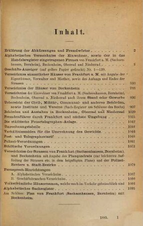 Adressbuch von Frankfurt am Main mit Bockenheim, Bornheim, Oberrad und Niederrad, 1885