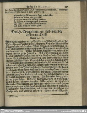 Das H. Evangelium, am Fest-Tage der Erscheinung Christi. Matth. II, 1-13