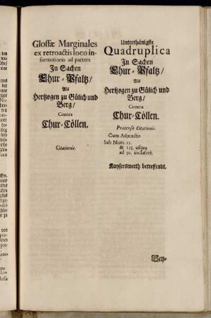 Glossæ Marginales ex retroactis loco informationis ad partem in Sachen Chur-Pfaltz/[...]