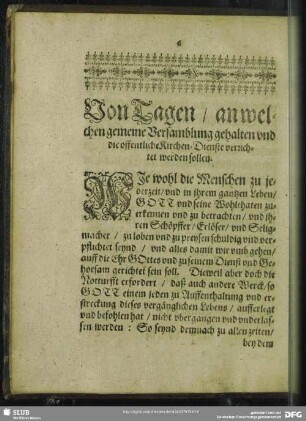 Von Tagen, an welchen gemeine Versamblung gehalten und die offentliche Kirchen-Dienste verrichtet werden sollen