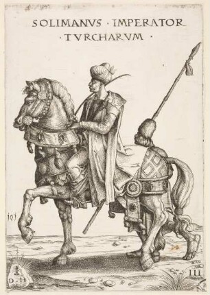 Sultan Suliman zu Pferde, begleitet von einem Soldaten