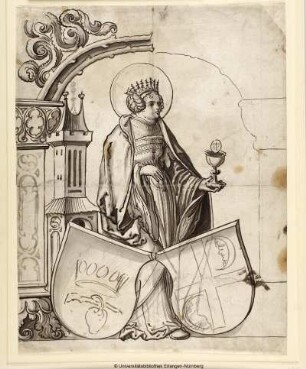 Scheibenriss mit der heiligen Barbara, die auf der Linken den Kelch hält