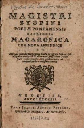 Magistri Stopini poetae Ponzanensis capriccia macaronica