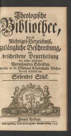 Theologische Bibliothec ... Siebendes Stück.