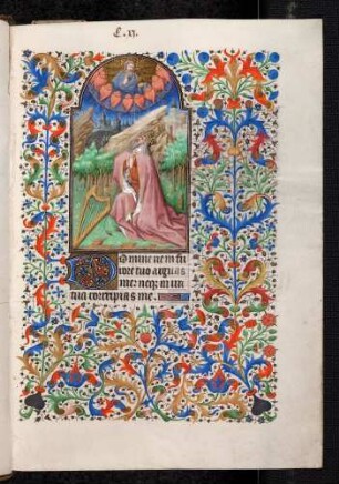 Bordüren-Miniatur-Seite: (Bußpsalmen) betender Psalmist König David; Zierinitiale: D(omine ne in furore)