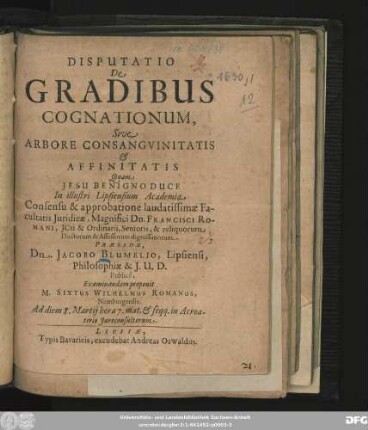 Disputatio De Gradibus Cognationum, Sive Arbore Consanguinitatis & Affinitatis