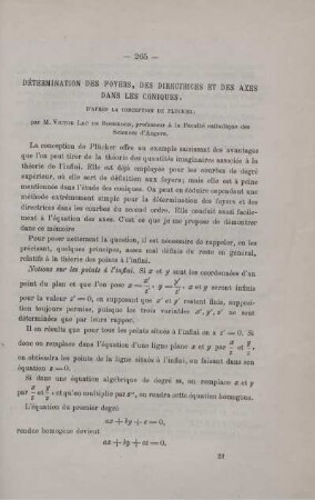 DÉTERMINATION DES FOYERS, DES DIRBCTRICES ET DES AXES DANS LES CONIQUES.