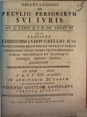 Observationes de peculio personarum sui iuris : ad L. LXXIX § I D. De legat. III