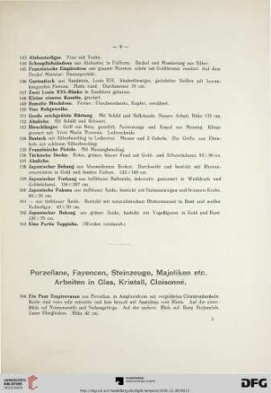Porzellane, Fayencen, Steinzeuge, Majoliken etc. Arbeiten in Glas, Kristall, Cloisonné (Nr. 164-407)