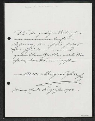 Brief von Stella Hohenfels an Gerhart Hauptmann