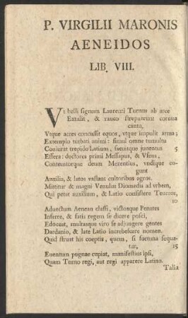 P. Virgilii Maronis Aeneidos Lib. VIII. = Der Aeneis des P. Virgilius Maro Achtes Buch.
