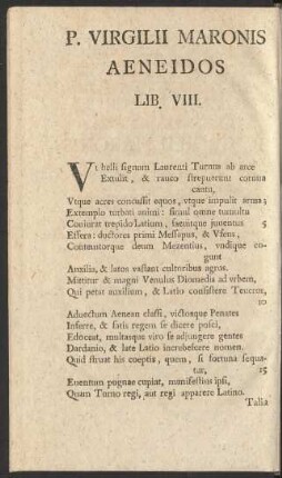 P. Virgilii Maronis Aeneidos Lib. VIII. = Der Aeneis des P. Virgilius Maro Achtes Buch.