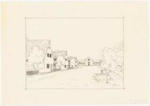 Siedlung für Kriegsbeschädigte Schinkelwettbewerb 1945: Weg zum Gemeinschaftshaus. Perspektivische Ansicht