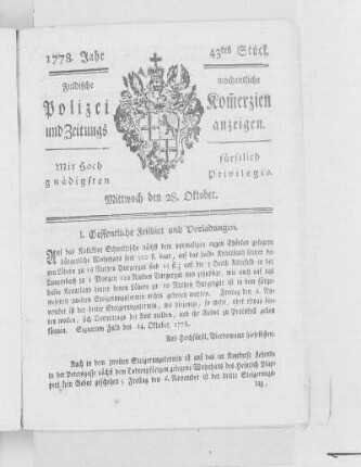 43tes Stück., Ausgabe vom 28. Oktober 1778