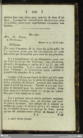 No. 232. Mrs. D. Freres à Dunkerque. Memel le 15. Avril 1786