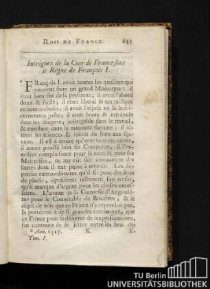 Intrigues de la Cour de France sous le Régne de François I.