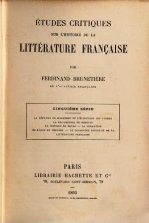 Études critiques sur l'histoire de la littérature française. V