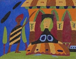 Weibliche Figur vor einem Tempel