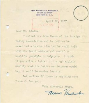 Korrespondenz von Eleanor Roosevelt an Unbekannt