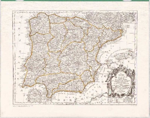 El Reyno De España : Dividido en Dos grandes Estdos De Aragon Y De Castilla ; Subdividido en muchas Provincias donde se hallan tambien El Reyno De Portugal ; [gewidmet:] Phelipe Quinto
