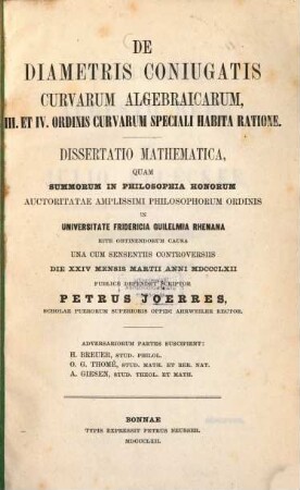 De diametris coniugatis curvarum algebraicarum, III. et IV. ordinis curvarum speciali habita ratione : Diss. mathematica