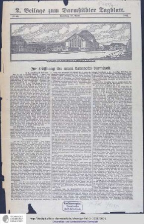 Drucksachen zur Eröffnung des neuen Hauptbahnhofes Darmstadt am 28. April 1912