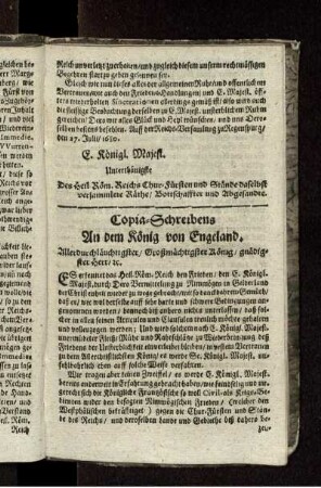 Copia-Schreibens An dem König von Engeland