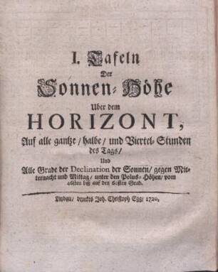 I. Tafeln Der Sonnen-Höhe Uber dem Horizont, ...