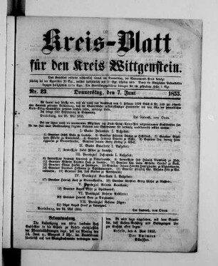 Kreis-Blatt für den Kreis Wittgenstein. 1852-1855