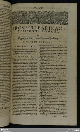 Prosperi Farinacii Juriscons Romani, De Oppositionibus contra Examen Testium, Titulus Octavus