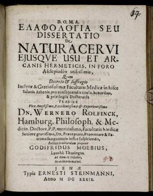 Elaphologia Seu Dissertatio De Natura Cervi Eiusque Usu Et Arcanis Hermeticis, In Foro Asclepiadeo utilissimis