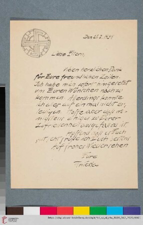 Briefe: Brief von Elfriede Lohse-Wächtler an Sidonie Wächtler und Gustav Adolf Wächtler