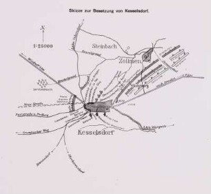 Zweiter Schlesischer Krieg. Skizze zur Besetzung von Kesselsdorf. Maßstab 1:25000. Lagebeschreibung vom 15.12.1745. Reproduktion einer Vorlage aus dem ersten Drittel des 20. Jahrhunderts