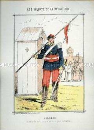 Karikatur, Ulan mit Lanzenflagge, Frankreich, 1870, Tafel 26 aus: Les Soldats de la République. L'Armée Française en campagne.