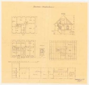 Försterei, Marienborn: Grundriss Keller, Erdgeschoss, Dachbalkenlage 1:100; außerdem Wirtschaftsgebäude: Grundriss Erdgeschoss 1:100, Schnitt 1:100