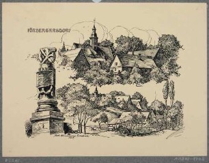 Drei Ansichten von Fördergersdorf (Tharandt) mit Kirche, Häusern und Denkmal