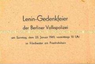 Teilnahmekarte und Programm zur Gedenkfeier der Berliner Volkspolizei zum 25. Todestag Lenins