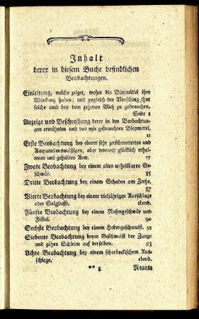 Inhalt derer in diesem Buche befindlichen Beobachtungen.