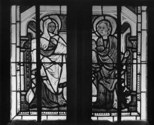 Glasfenster (vielleicht mit Maria und Johannes) : Glasfenster (vielleicht mit Maria und Johannes). Glasmalerei (um 1410/1420). Murau, Friedhofskirche Sankt Anna, Chor
