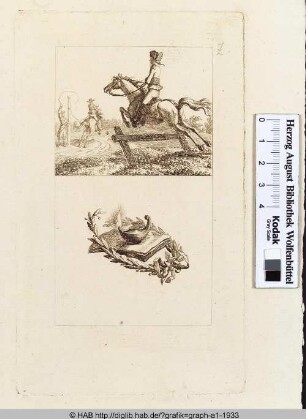 Oben: Ein Soldat beim Sprung mit dem Pferd. Unten: Öllampe, Buch und Lorbeerkranz