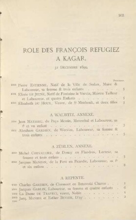 Role des françois refugiez à Kagar. 31 décembre 1699