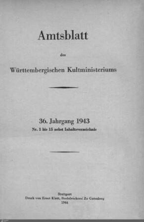 36.1943: Kultministerium, Amtsblatt 1943