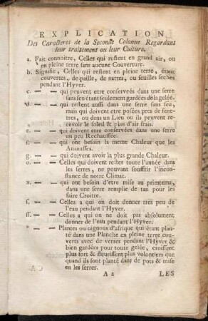 Explication Des Carcteres de la Seconde Colonne Regardant leur traitement ou leur Culture