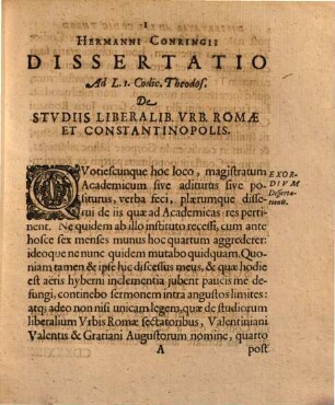 Herm. Conringii dissertatio ad l. I. Codicis Theodosiani de studiis liberalibus urbis Romae et Constantinopolis