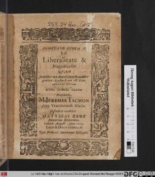 Disputatio Ethica V. De Liberalitate & Magnificentia